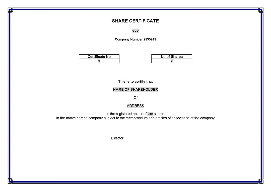 A sample Share Certificate of a company.