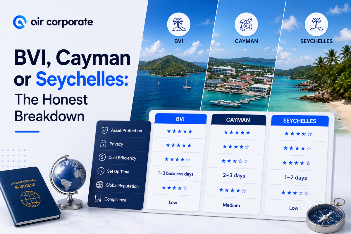 BVI vs Cayman vs Seychelles for E-commerce (2026): Costs, Compliance, and Banking Acceptance