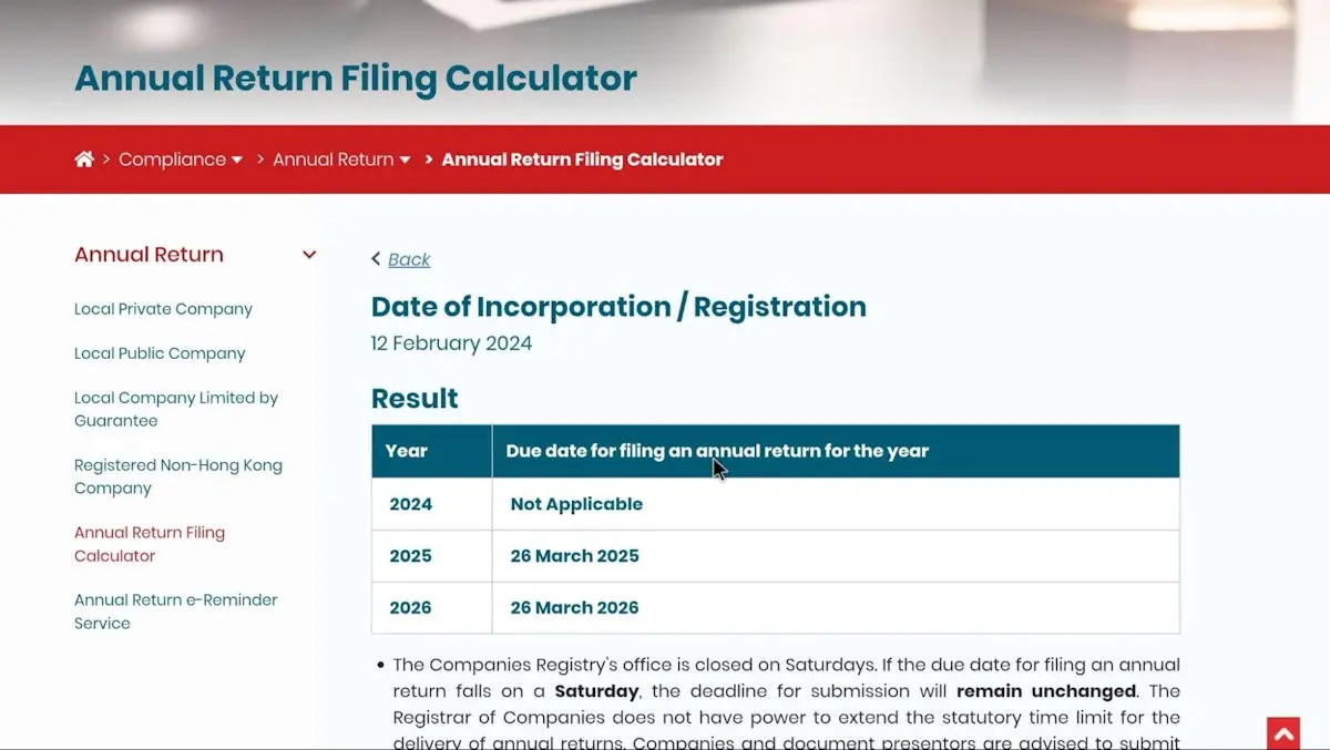 Annual Return Filing Calculator on the Hong Kong Companies Registry website for calculating the NAR1 deadline