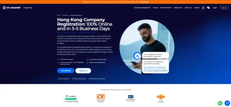 Air Corporate homepage: full-service Hong Kong company incorporation from USD 1,070